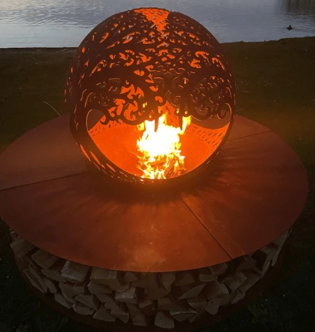 Wood Burning Sphere Firebowl Of Corten Steel